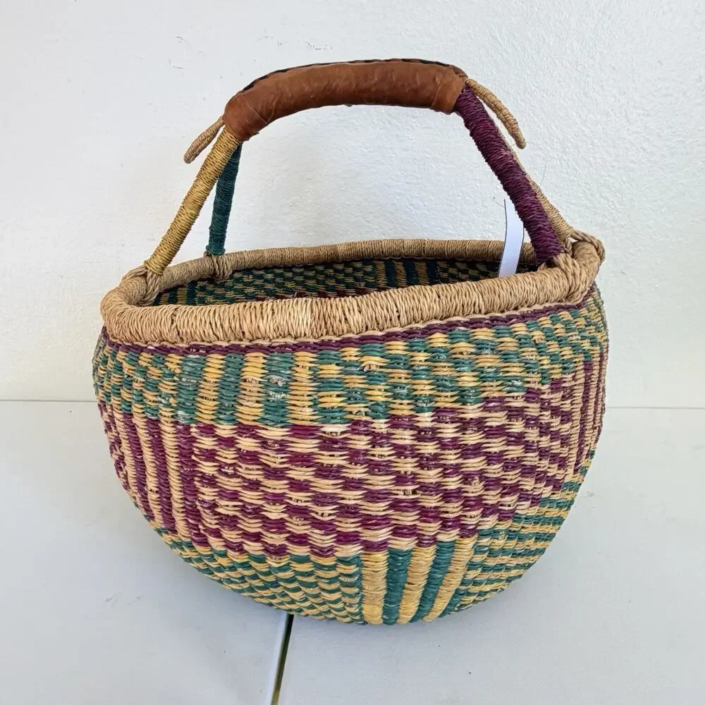 Vintage Handwoven African Bolga Market Basket Leather Handle Ghana Woven Tote 15